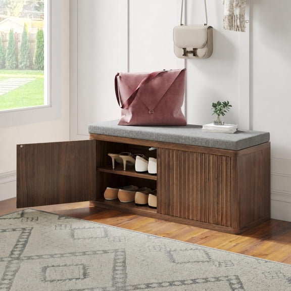 Double Layered Shoe Cabinet with Bench,Wooden Shoe Bench with Soft Cushion,Double Door without Handle Pressing Spring,Fluted Panel,Suitable for Entrance,Corridor and Living Room (Shoe Bench-Walnut)