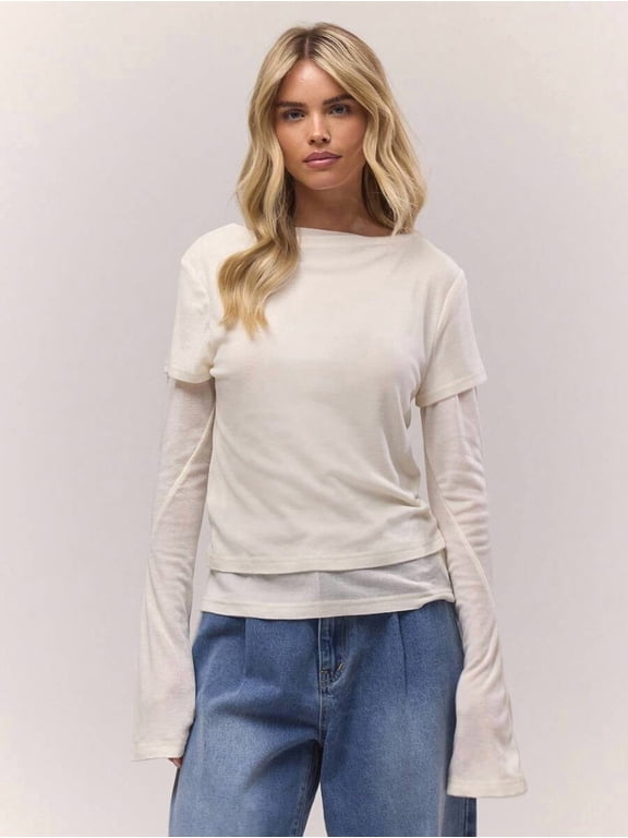 Double Layered Top for Women Long Sleeve Crew Neck Faux Two Layer Fitted Pullover Casual Everyday Wear