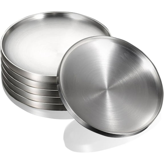 Double Layered Unbreakable Stainless Steel Dinner Plates Set, 6 Pack 7.5 Inch Metal Plates for Home Kitchen Camping Outdoor Party BBQ
