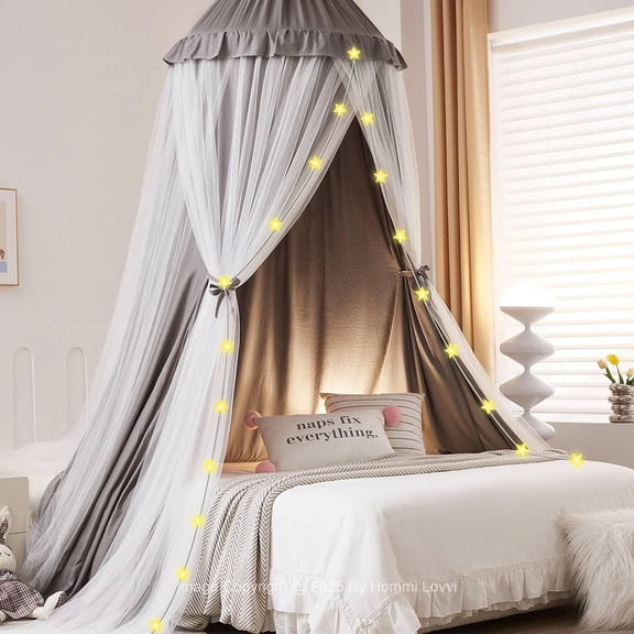 Double Layers Bed Canopy with  Lights, 3 count Layers Canopy for Girls Bed, Princess Round Dome Dreamy Play Tent,   Reading Nook Mosquito Net, Machine Washable - Gray