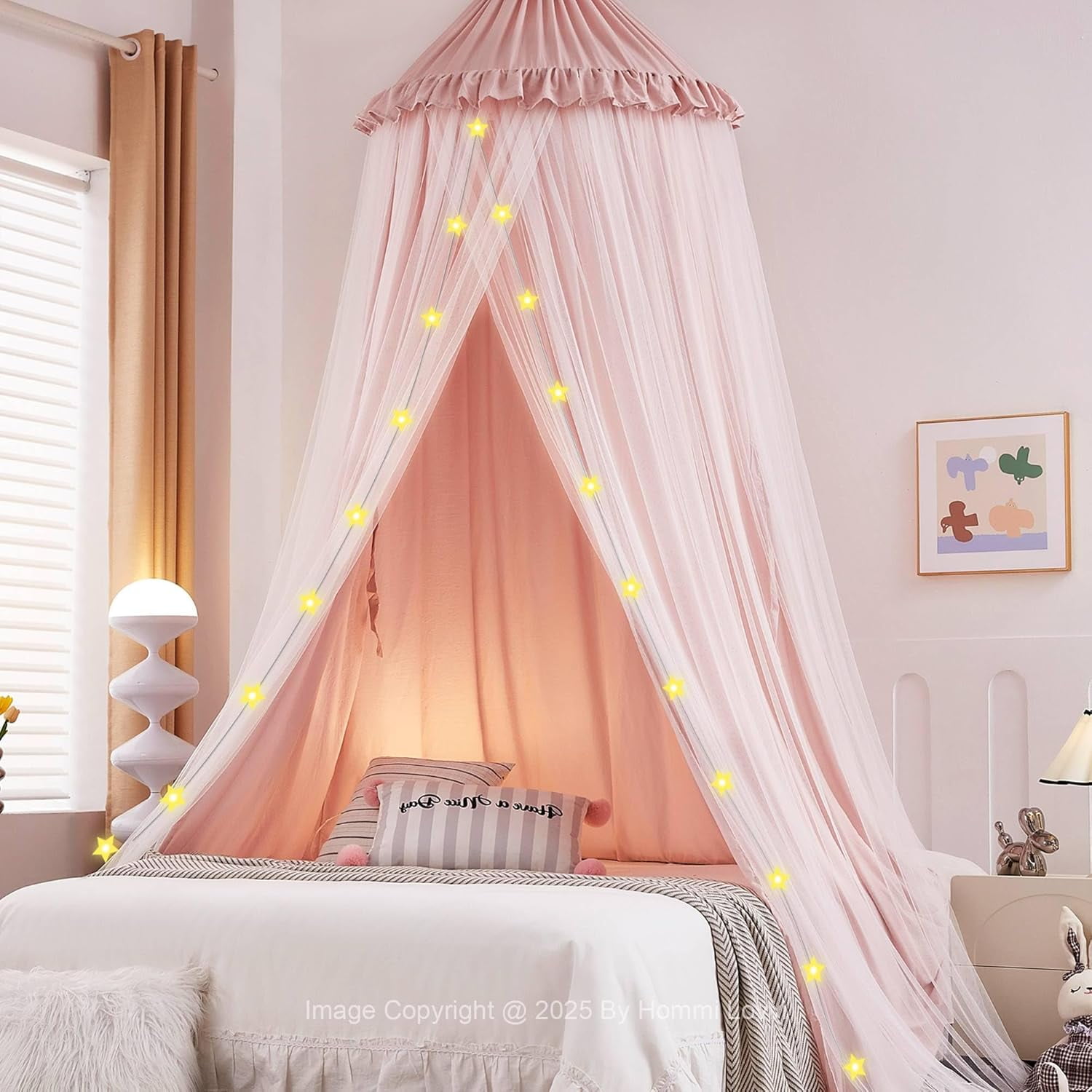 Double Layers Bed Canopy with Star Lights, 3 Pieces Layers Canopy for Girls Bed, Princess Round ...