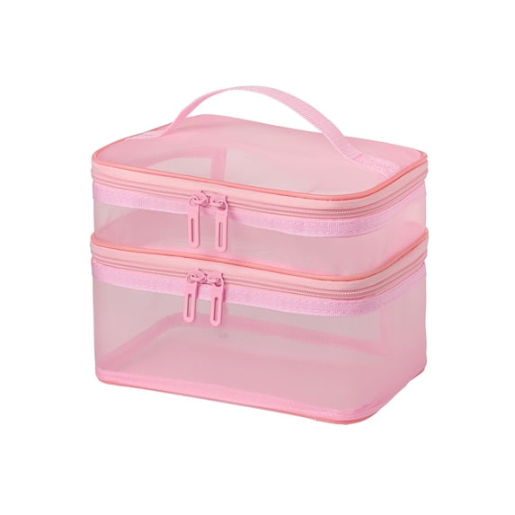 Double Layers Cosmetic Travel Bag, Large Capacity Mesh Makeup Organizer, Water-Resistant Toiletry Case, Pink