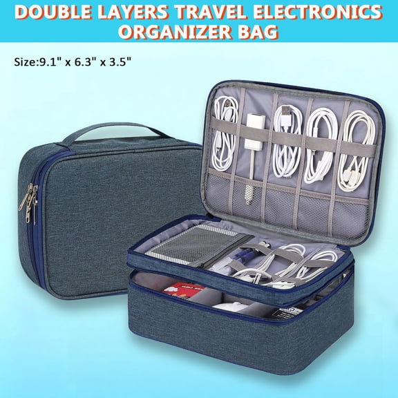 Double Layers Electronics Organizer Bag for Men Women, Portable Travel Electronic Accessories Storage Bag for Cable, Charger, Phone, Power Bank, Hard Drives and iPad,Navy Blue