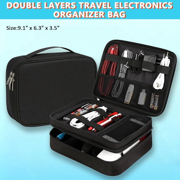 Double Layers Electronics Organizer Bag for Men Women, Portable Travel Electronic Accessories Storage Bag for Cable, Charger, Phone, Power Bank, Hard Drives and iPad,Black