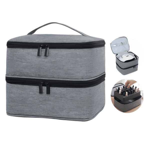 Double Layers Nail Polish Bag Nail Organizers and Storage Case Holds 30 Bottles & Nail Lamp, Carrying Bag with Manicure Tools Storage Sections, Gray