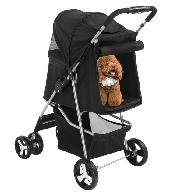 4 Wheels Pet Stroller, Weather Cover, Storage Basket, for 33lbs Medium Dog, Small Cat, Travel Walking Puppy Stroller (Black)