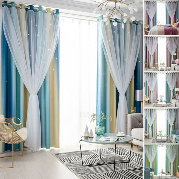 Double Layers Romantic Stars Gradient Tulle + Thermal Blackout Curtains For Boys Girls Bedroom Decor