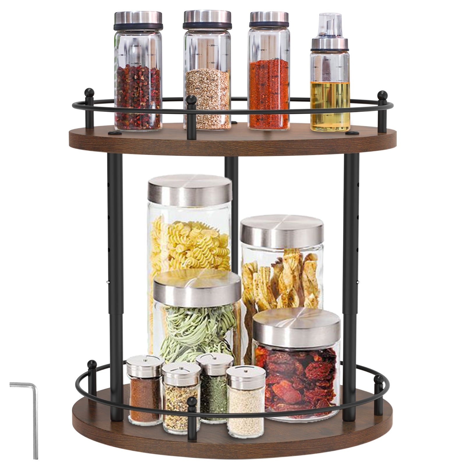 Turnable Spice Rack Double Layers Wood Turntable Spice Organizer Adjustable Height Spice ...