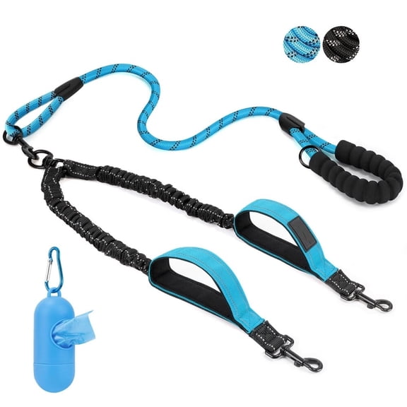 Double Leash for Two Dogs - No Tangle Dog Leash 360° Swivel Reflective Double Dog Leash with Two Padded Handles, Shock Absorbing Walking Training Small Medium Large Dogs (Black,25-150 lbs)