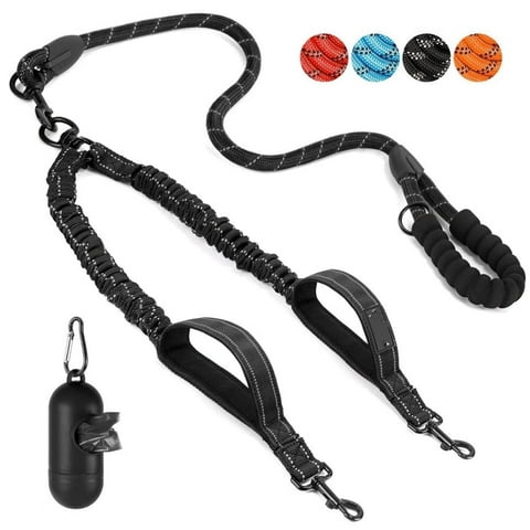 Double Leash for Two Dogs - No Tangle Dog Leash 360° Swivel Reflective Double Dog Leash with Two Padded Handles, Shock Absorbing Walking Training Small Medium Large Dogs (Black,25-150 lbs)