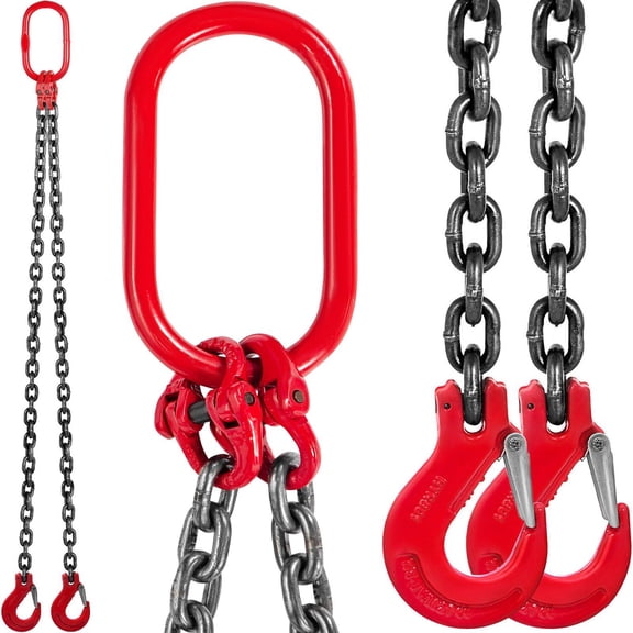 Double Leg Chain Sling 5 Foot 3/8 Inch Grade 80 Alloy Steel with Grab Hooks 4 Ton Capacity for Lifting and Hoisting Applications