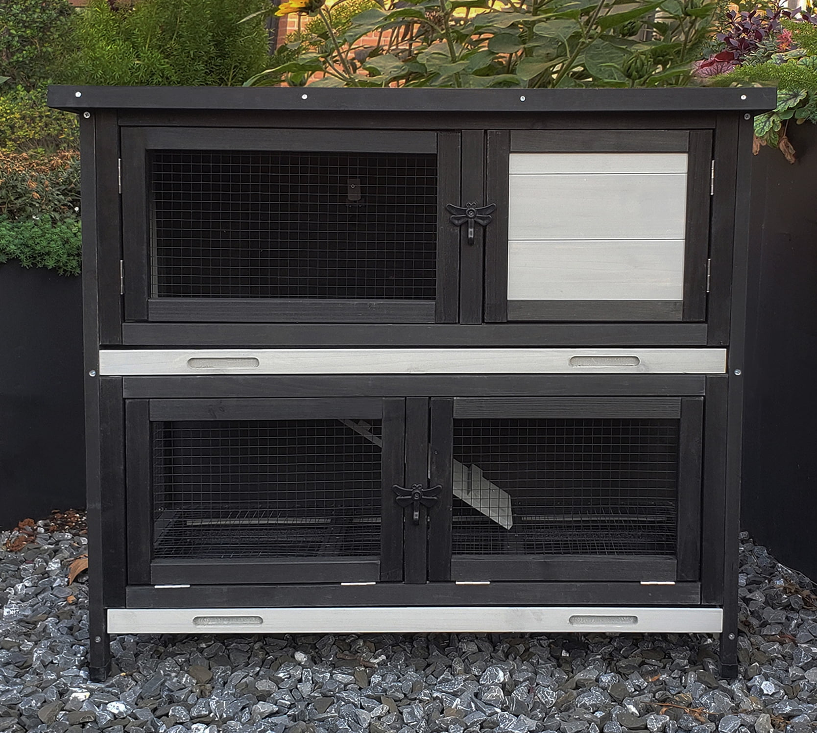 Double Level Solid Wood Rabbit Hutch Small Animal Cage for Rabbits, Guinea Pigs, Hedgehogs & Lizards Indoor/Outdoor–2-Tier Eco-Friendly Habitat with Bedding Area