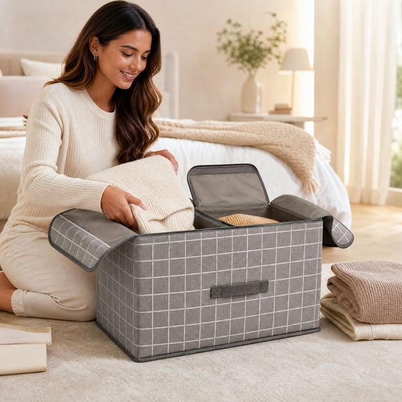 Double Lid Storage Box Cotton Linen Partition Clothes Organizer with Compartments for Sweaters Accessories Bedroom Closet Home Organization Foldable Fabric Storage Bin with Double Opening Lid for Eas