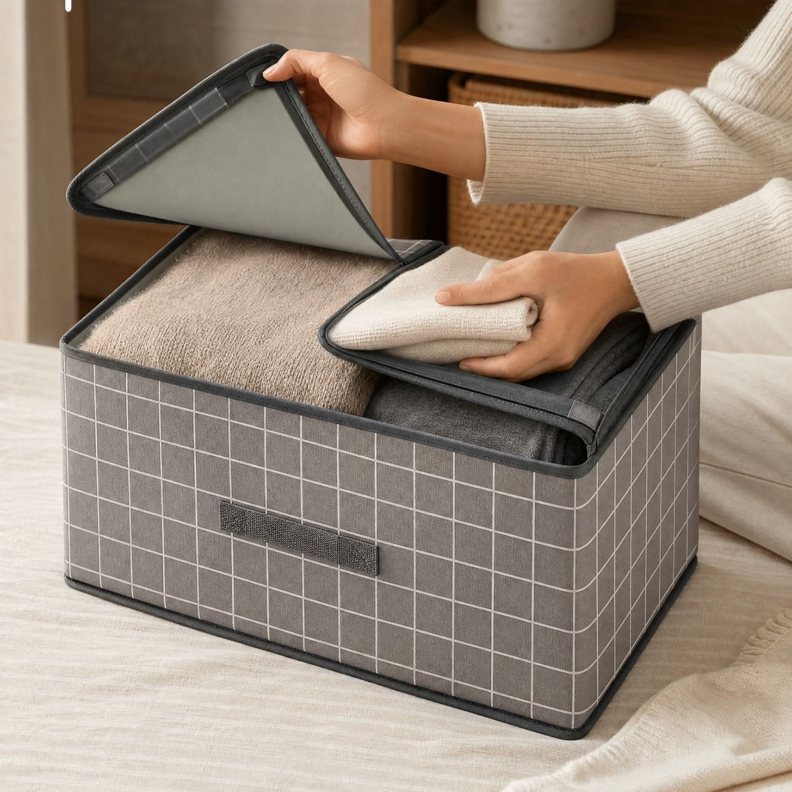 Storage Containers With Partitions Double Lid Storage Box Partition Clothing Organizer Checkered for ...
