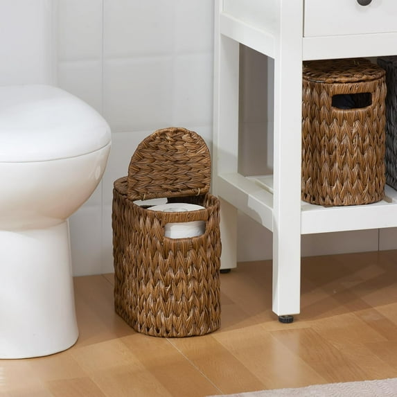 Double Lid Toilet Tissue Holder - Freestanding Basket for 4 Rolls, Waterproof, Brown
