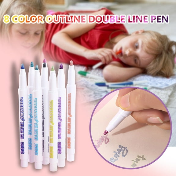 Double Line Contour Pen, Double Line Pen, Dreamy Color Fluorescent Marker Pen, Metal Color Pen, 8 Colors Office Pens, 8 Double Line Contour Pens Pen, Multi-color
