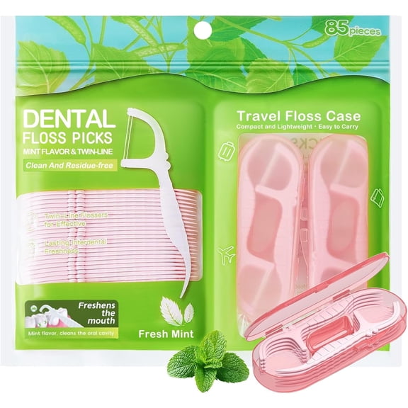 Double Line Dental Floss Picks, 85 Count Mint Flavor Flossers for Deep Cleaning, Upgraded Floss Picks with 2 Portable Travel Cases, Convenient for Cleaning Teeth On The Go, Flossing Sticks for Family