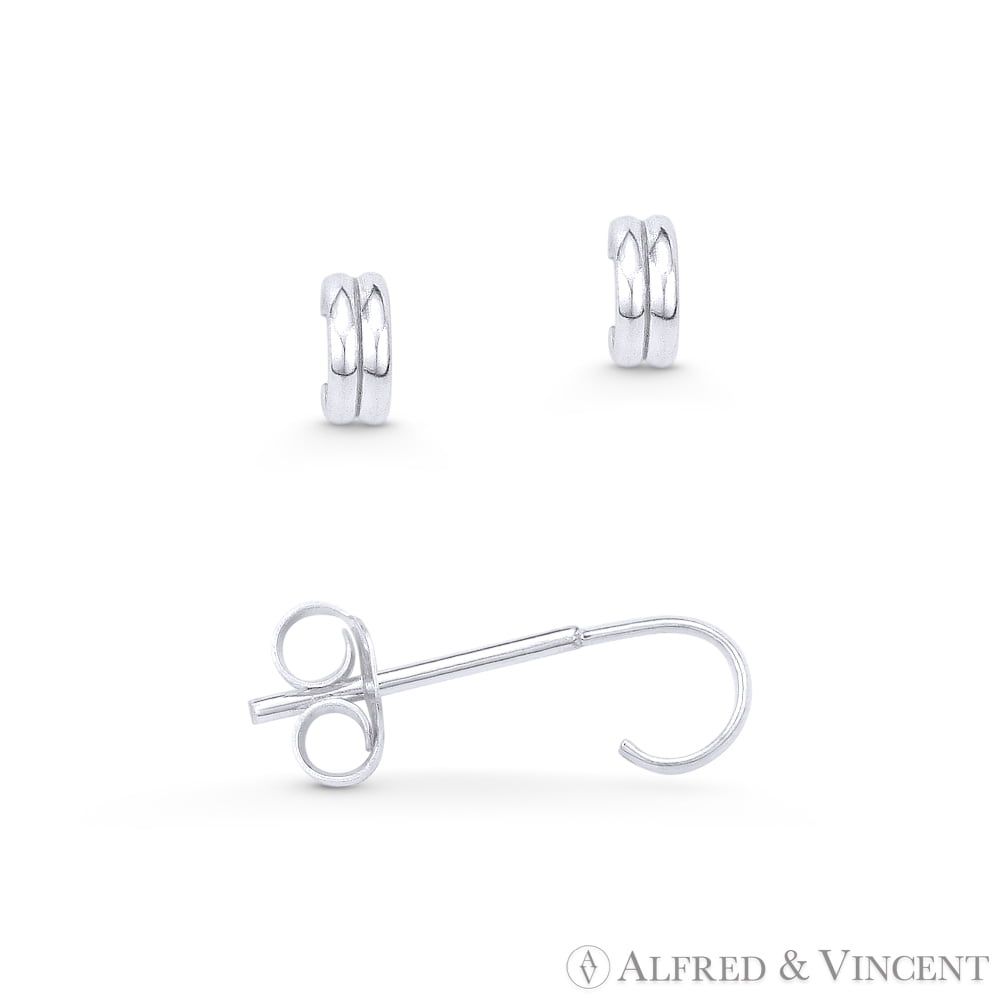 Double-Line Half-Hoop Stud Earrings w/ Push-Backs in Genuine 925 Sterling Silver