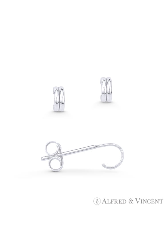Double-Line Half-Hoop Stud Earrings w/ Push-Backs in Genuine 925 Sterling Silver