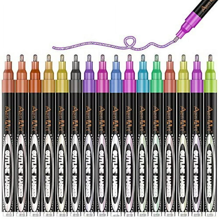 Double Line Markers Outline Pens, Aen Art Squiggles Shimmer Outline Marker  Set, 16 Colors Doodle Shimmer Pen for Drawing, Making Card, Craft Project
