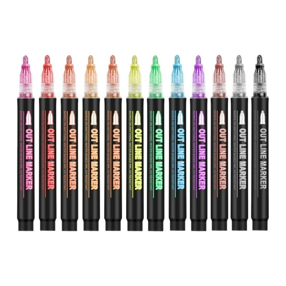 Double Line Outline Markers, 12 Color Super Squiggles Outline Metallic Glitter Pens for Drawing, Card Making, DIY Crafts, Birthday Greeting Cards, 10ml Ink