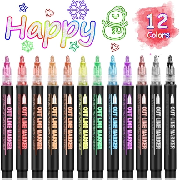 Double Line Outline Markers 24 Colors Super Squiggles Glitter Markers Self Outline Metallic Marker, Doodle Shimmer Marker Drawing Pens for Christmas Greeting Card, Birthday Gift, DIY Art Crafts