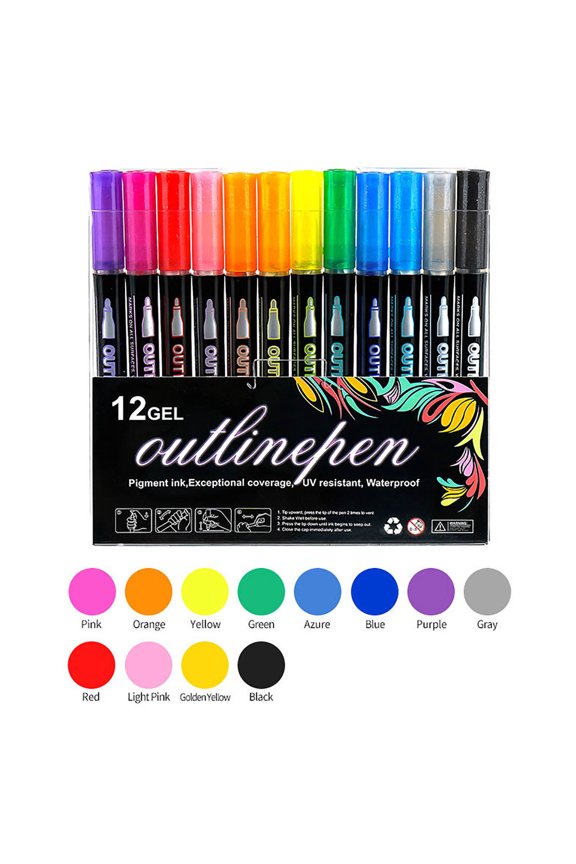 Double Line Outline Markers - Glitter Highlighting Pens for Guest Books, Painting, DIY Crafts - 8ml Metal Ink Pens for Glass, Wood, Ceramic, Paper - Set of 12 Vibrant Colors with Flash Effect