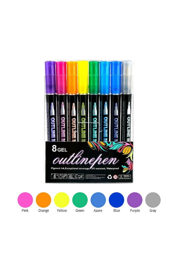 Double Line Outline Markers - Glitter Highlighting Pens for Guest Books, Painting, DIY Crafts - 8ml Metal Ink Pens for Glass, Wood, Ceramic, Paper - Set of 12 Vibrant Colors with Flash Effect