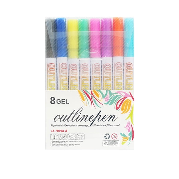 Double Line Outline Markers, Squiggles Shimmer Outline Marker Pen Set, Self Outline Metallic Markers Glitter Writing Drawing Pens for Birthday Greeting Card, DIY Art Crafts, Doodling 8 Colors