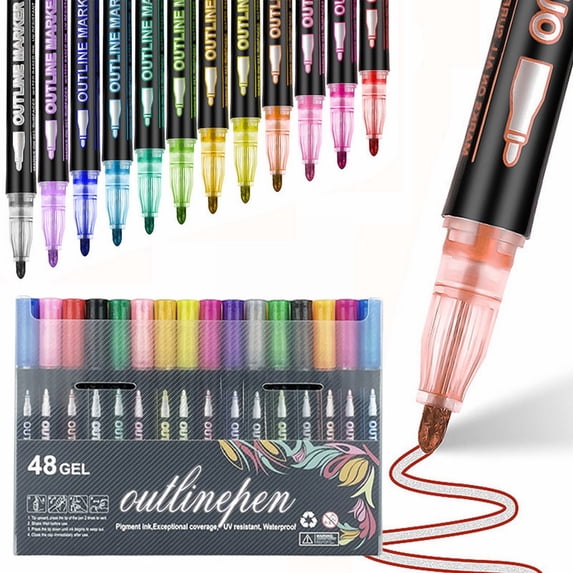 Double Line Outline Metallic Marker Pen Set, Squiggles Glitter Writing Drawing Pens for Birthday Greeting Cards - 10ml
