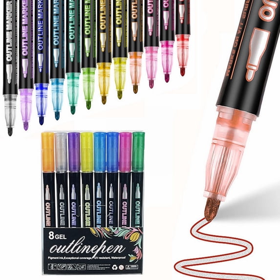 Double Line Outline Metallic Marker Pen Set, Squiggles Glitter Writing Drawing Pens for Birthday Greeting Cards - 10ml
