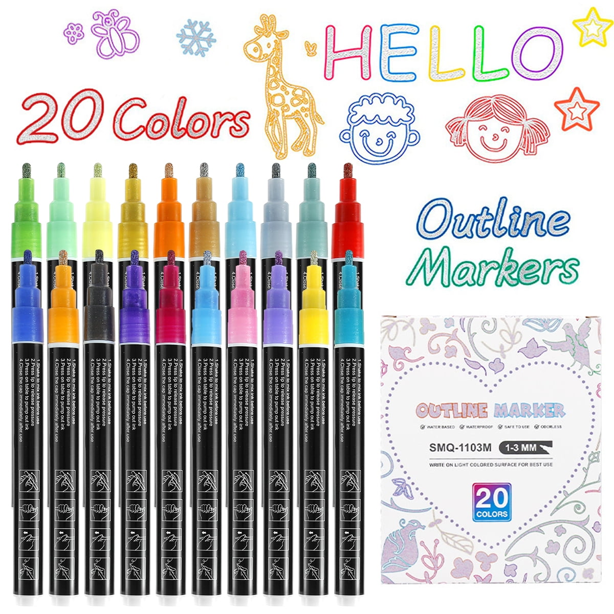 Double Line Outline Pens, 20 Glitter Colors Self Outline Metallic Markers,  Super Squiggles Shimmer Markers Set for Metal, Wood, Ceramic, Glass, Kid  Journal,Gift Card,White Paper 