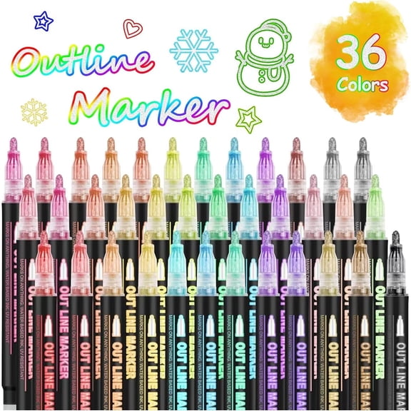 Double Line Super Squiggles Glitter & Metallic Markers, 36 Colors - Self Outline Pens for Doodle Art, Greeting Cards Crafts