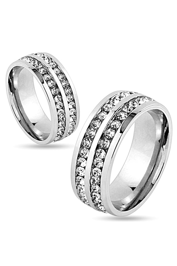 Double Lined CZ Center Stainless Steel Wedding Band 8mm Ring (SIZE: 12)