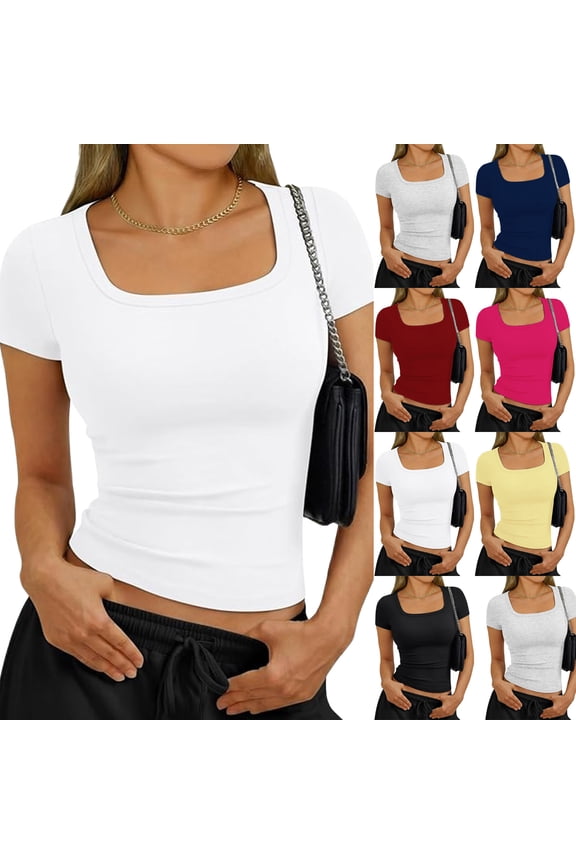 Double Lined Short Sleeve Crop Top for Women Scoop Neck Fitted Tight Tee Shirt Cute Summer Teen Going Out Workout Gym Navy S