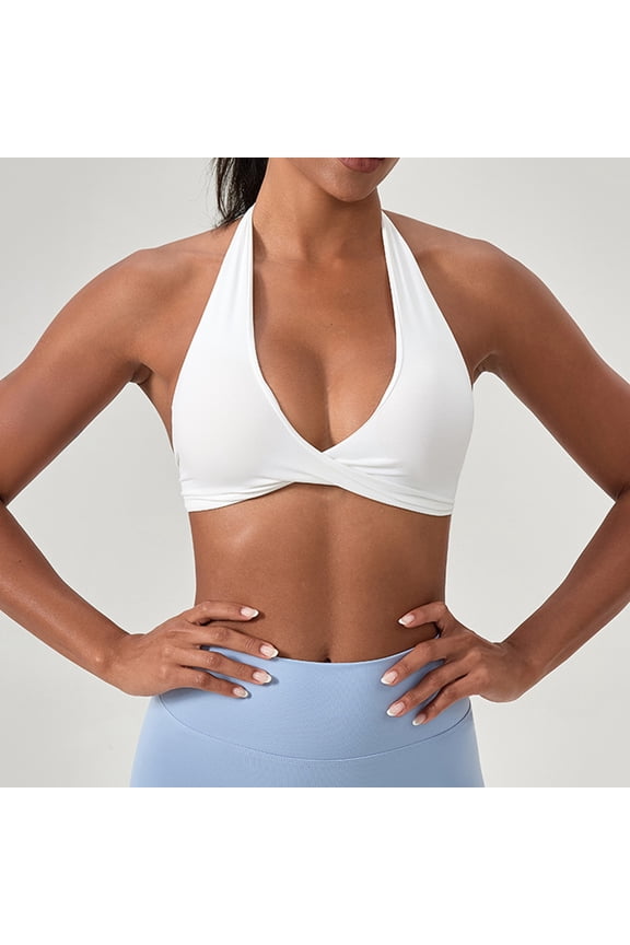 Double Lined Twist Halter Sports Bras for Women - Deep V Neck Crop Top Casual Open Back Bras White M