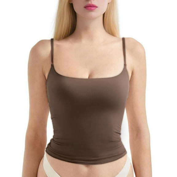 Double Lined Women Tank Top Sexy Square Neck Basic Camisole Shirts with Adjustable Spaghetti Straps Brown S