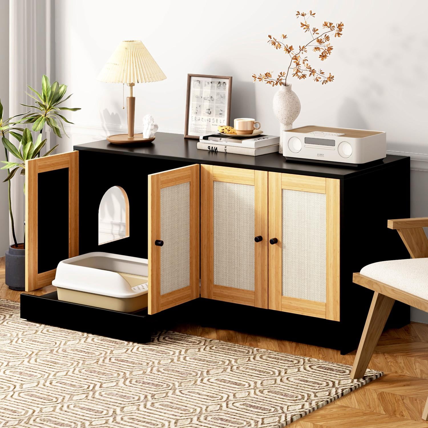 Double Litter Box Enclosure for 2 Cats, Hidden Cat Litter Box Furniture Cabinet with Rattan Sisal Doors, Enclosed Cat Washroom End Table with Pull-Out Tray, Black