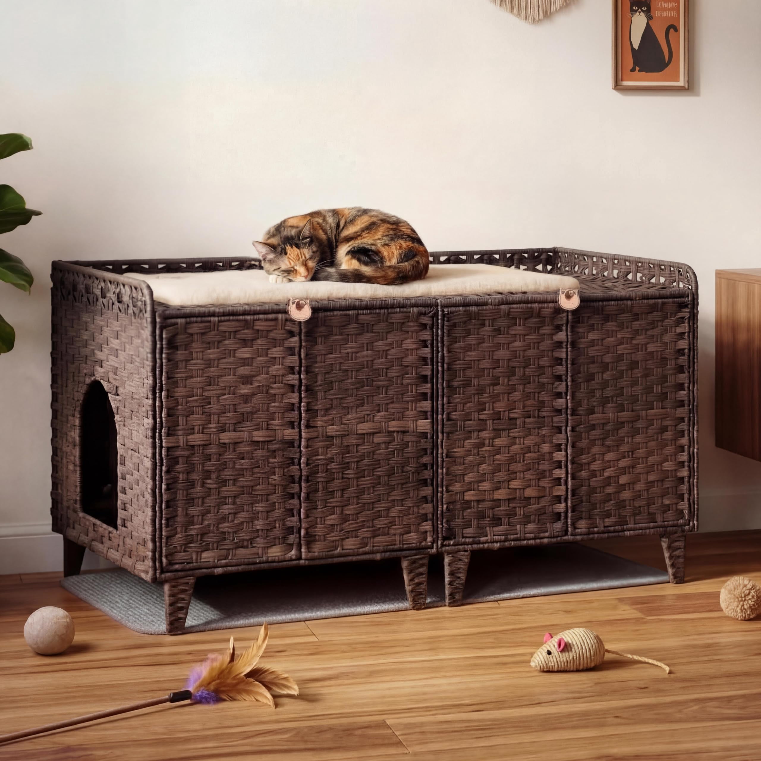Double Litter Box Enclosure for 2 Cats - Rattan Hidden Cat Furniture with Litter Mat 2 Hooks & Doors, Large Cat House for 2 Litter Boxes, Easy Clean, 47.2" l x 19.7" w x 23.6" h Brown