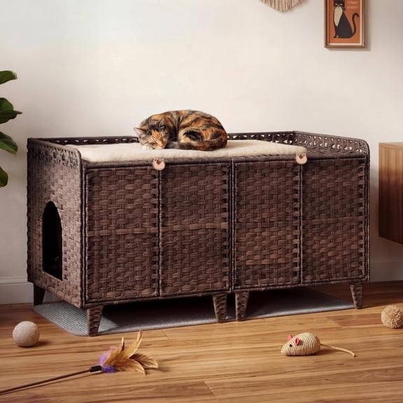 Double Litter Box Enclosure for 2 Cats - Rattan Hidden Cat Furniture with Litter Mat 2 Hooks & Doors, Large Cat House for 2 Litter Boxes, Easy Clean, 47.2" l x 19.7" w x 23.6" h Brown