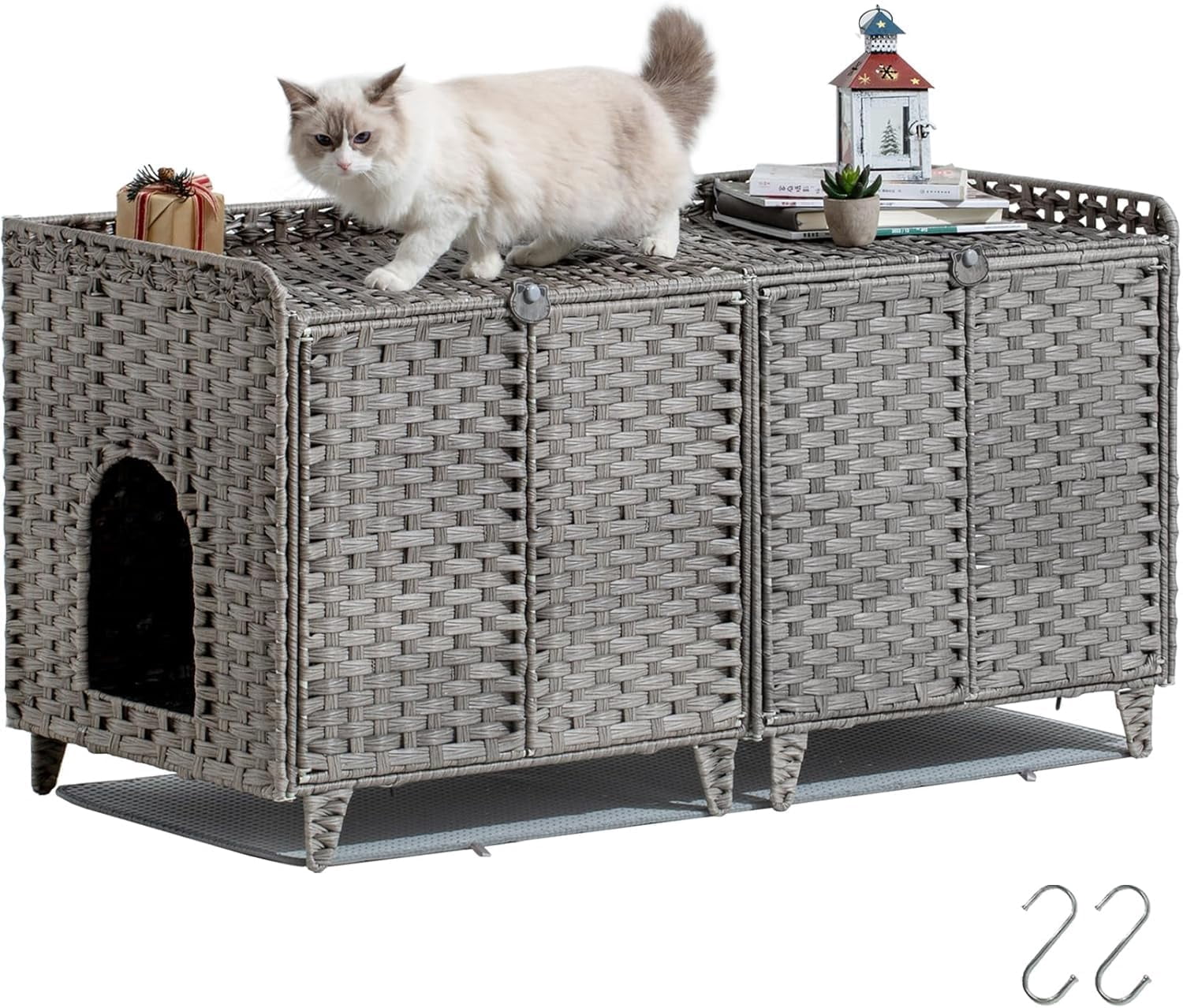 Double Litter Box Enclosure for 2 Cats - Rattan Hidden Cat Furniture with Litter Mat 2 Hooks & Doors, Large Cat House for 2 Litter Boxes, Easy Clean, 47.2" l x 19.7" w x 23.6" h Brown