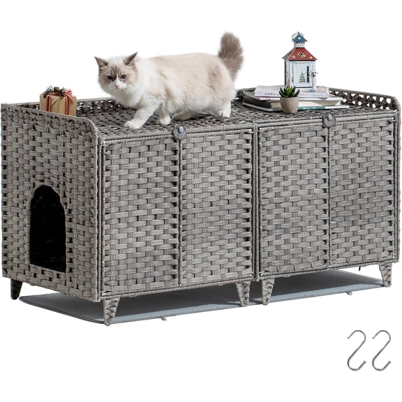 Double Litter Box Enclosure for 2 Cats - Rattan Hidden Cat Furniture with Litter Mat 2 Hooks & Doors, Large Cat House for 2 Litter Boxes, Easy Clean, 47.2" l x 19.7" w x 23.6" h Brown