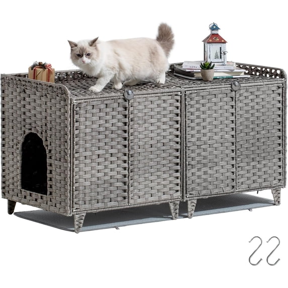 Double Litter Box Enclosure for 2 Cats - Rattan Hidden Cat Furniture with Litter Mat 2 Hooks & Doors, Large Cat House for 2 Litter Boxes, Easy Clean, 47.2" l x 19.7" w x 23.6" h Brown