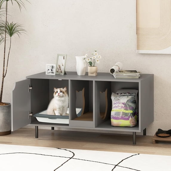 Double Litter Box Enclosure 40 Inch Hidden Washroom with Detachable Scratching Board Metal Indoor Pet House End Side Table for 2 Litter Boxes
