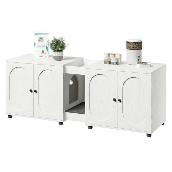 Double Litter Box Enclosure, 55.1" Wooden Enclosed Litter Box Enclosure for 2 Cats with Litter Pad, Hidden Double Cage Cat Cabinet with 4 Doors, End Side Table