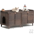thumbnail image 1 of Double Litter Box Enclosure Furniture, Handwoven Rattan Hidden Cat Litter Box for 2 Cats with Washable Mat & Hooks, Coffee Brown, 1 of 9