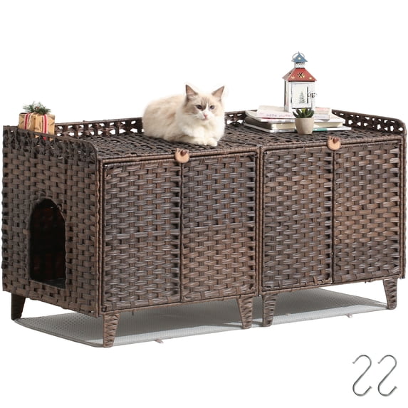 Double Litter Box Enclosure Furniture, Handwoven Rattan Hidden Cat Litter Box for 2 Cats with Washable Mat & Hooks, Coffee Brown