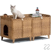 Double Litter Box Enclosure Furniture, Handwoven Rattan Hidden Cat Litter Box for 2 Cats with Washable Mat & Hooks, Khaki Brown