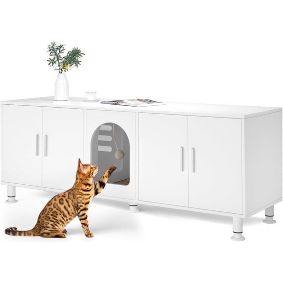 Litter Box Enclosure for 2 Cats, Cat Litter Box Enclosure Furniture with Double Room, Wooden Litter Box Furniture with Cat Door, White with Legs