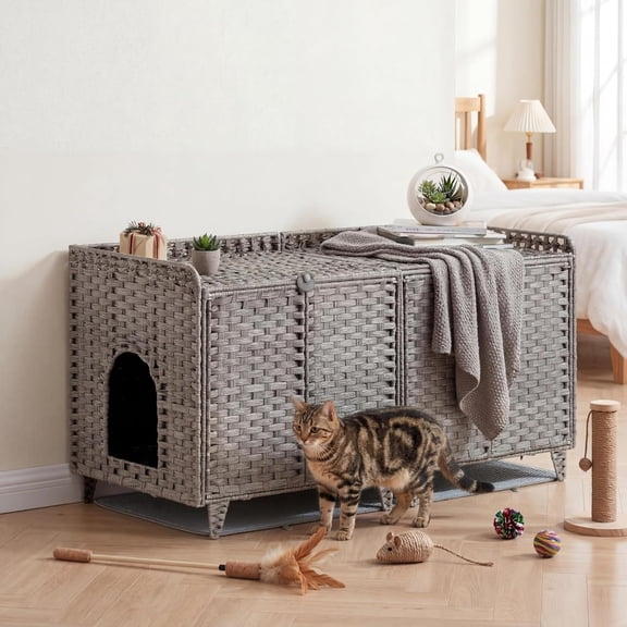 Double Litter Box Enclosure for 2 Cats, Handwoven Rattan Hidden Cat House with Washable Litter Mat & 2 Hooks, for Living Room Bedroom